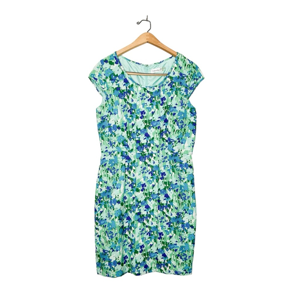 Calvin Klein Womens Watercolor Floral Print Cap Sleeve Mini Dress Blue Green 10